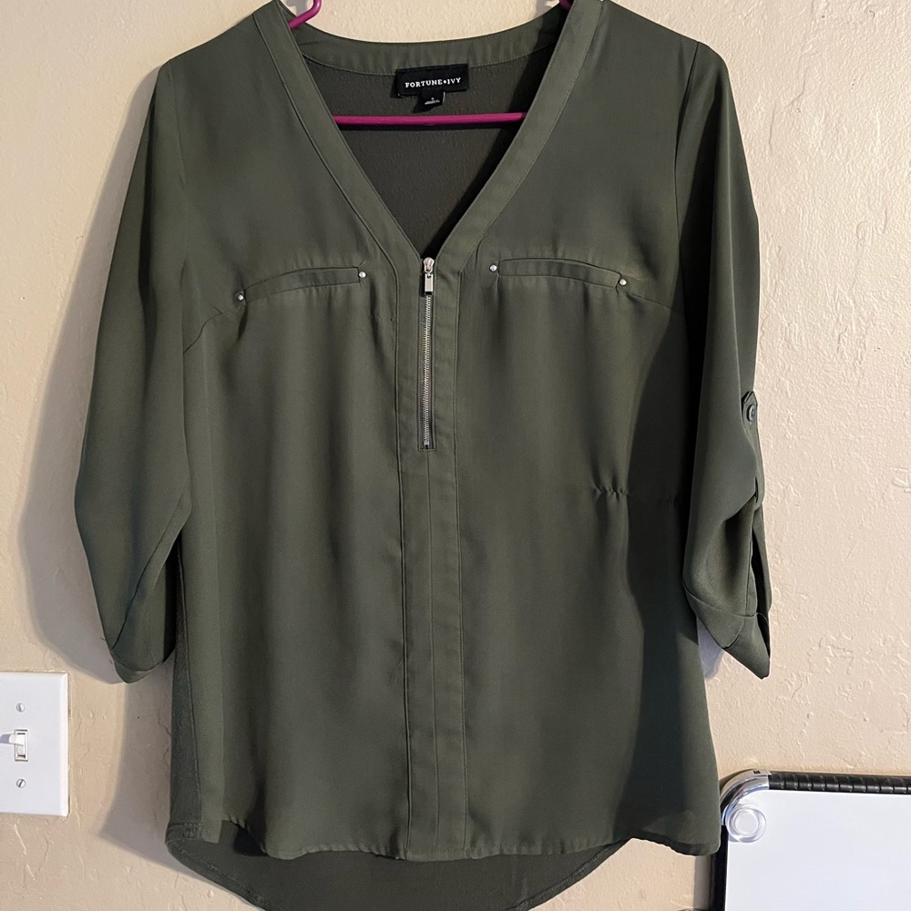 3/4 sleeve mixed material blouse